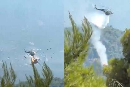 VIDEO Pocas hasenia poziaru v Grecku sa zrazili dva helikoptery jeden explodoval
